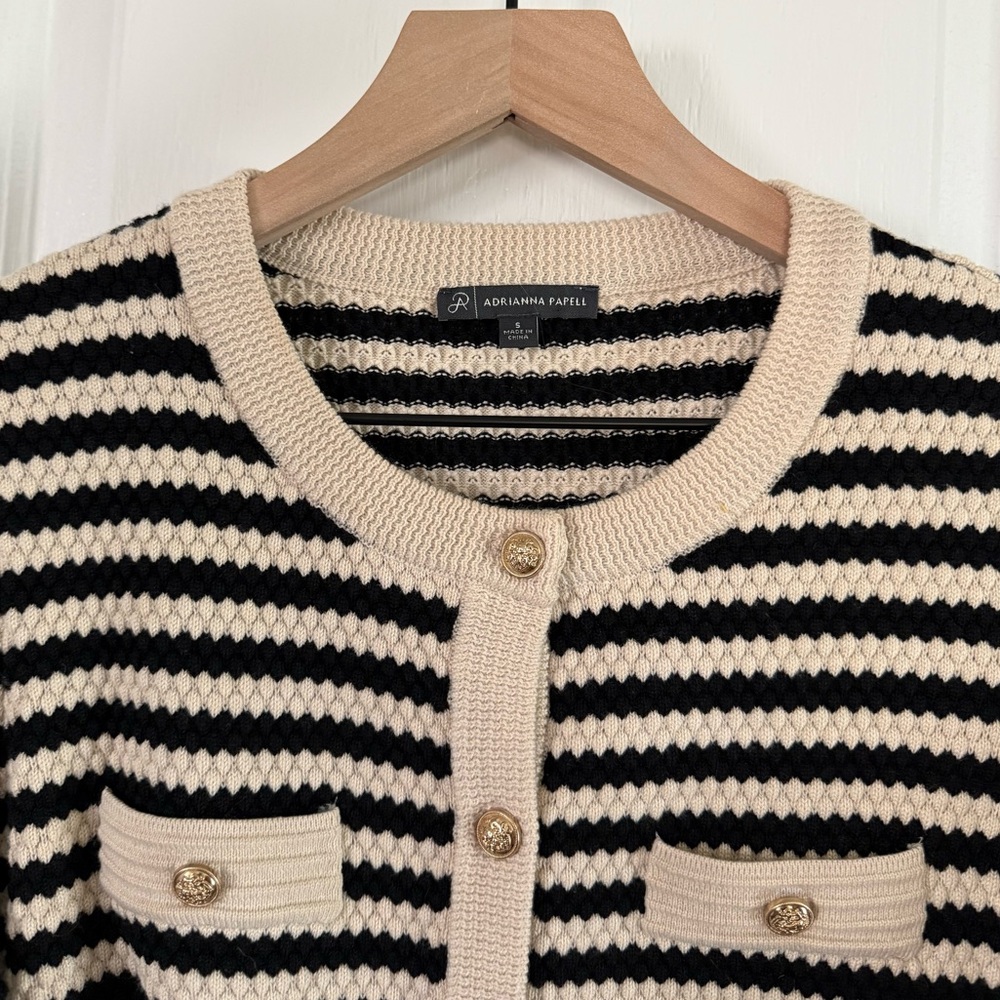 Adrianna‎ Papell Cream Black Striped Button Front Cardigan S Gold Button Knit - Picture 7 of 7